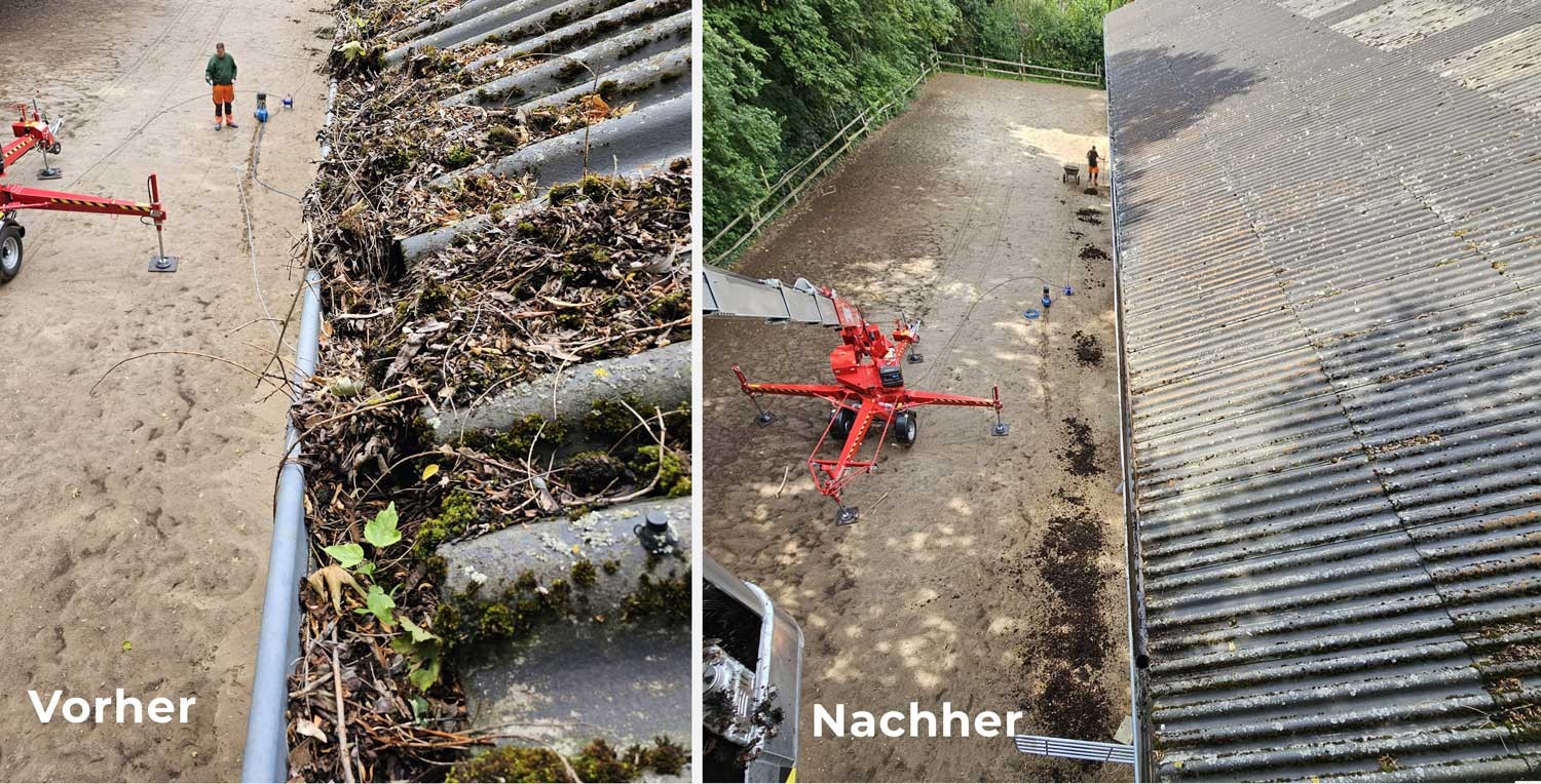 Professionell gereinigte Dachrinne an einer Reithalle