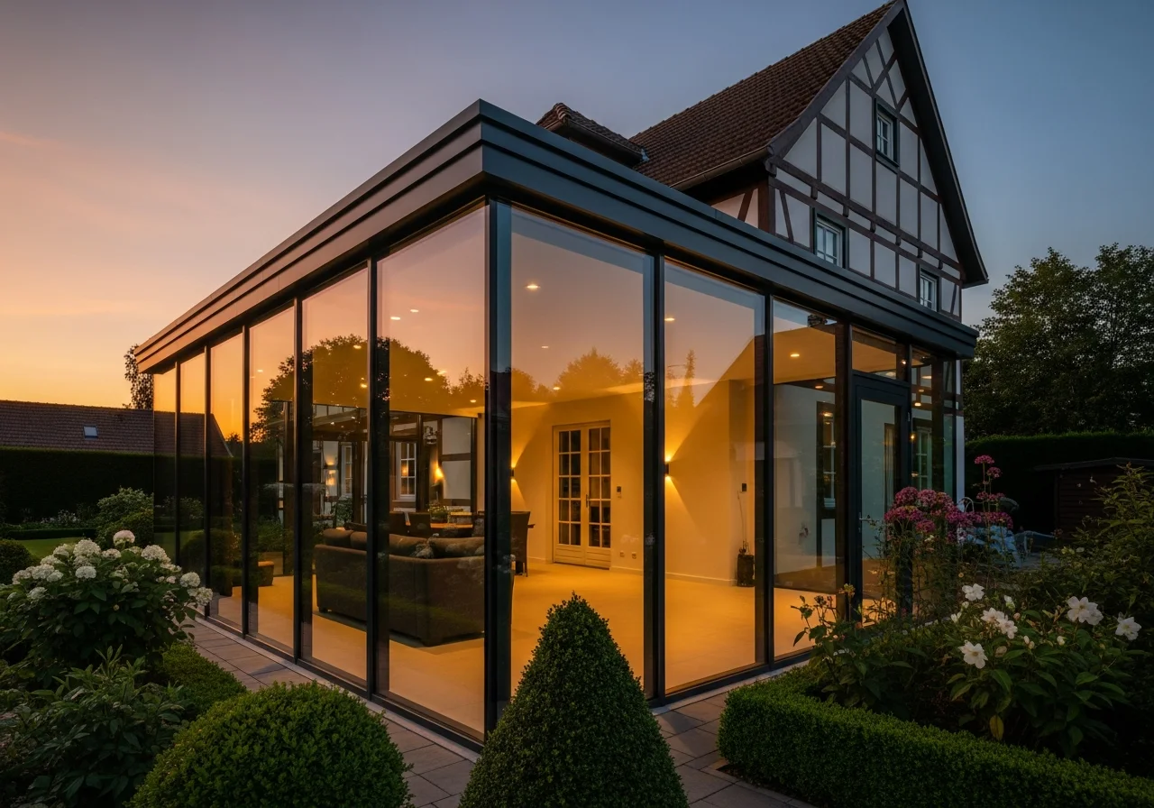 Sauber gereinigter Wintergarten mit klaren Glasflächen im Abendlicht